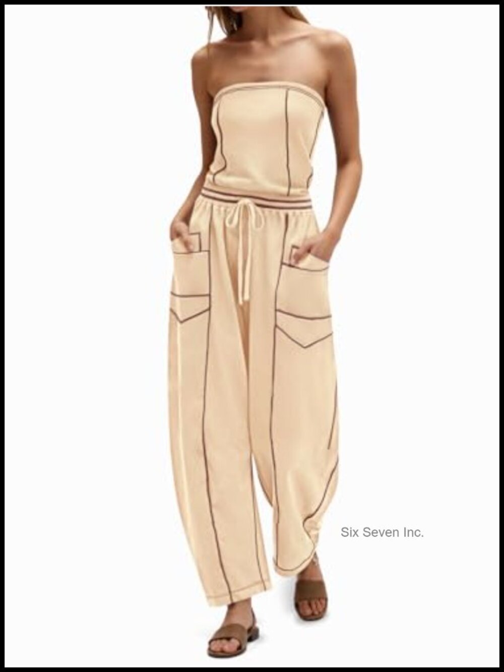 Strapless Off Shoulder Jumpsuit Loose Romper Drawstring Barrel Leg